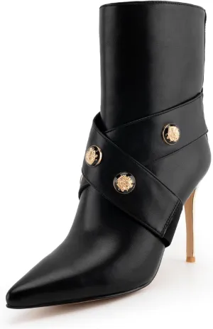 Women’s Ankle Booties Buckle Strap Pointed Toe Stiletto Sexy High Heeled Short Booties with Front Zipper Black