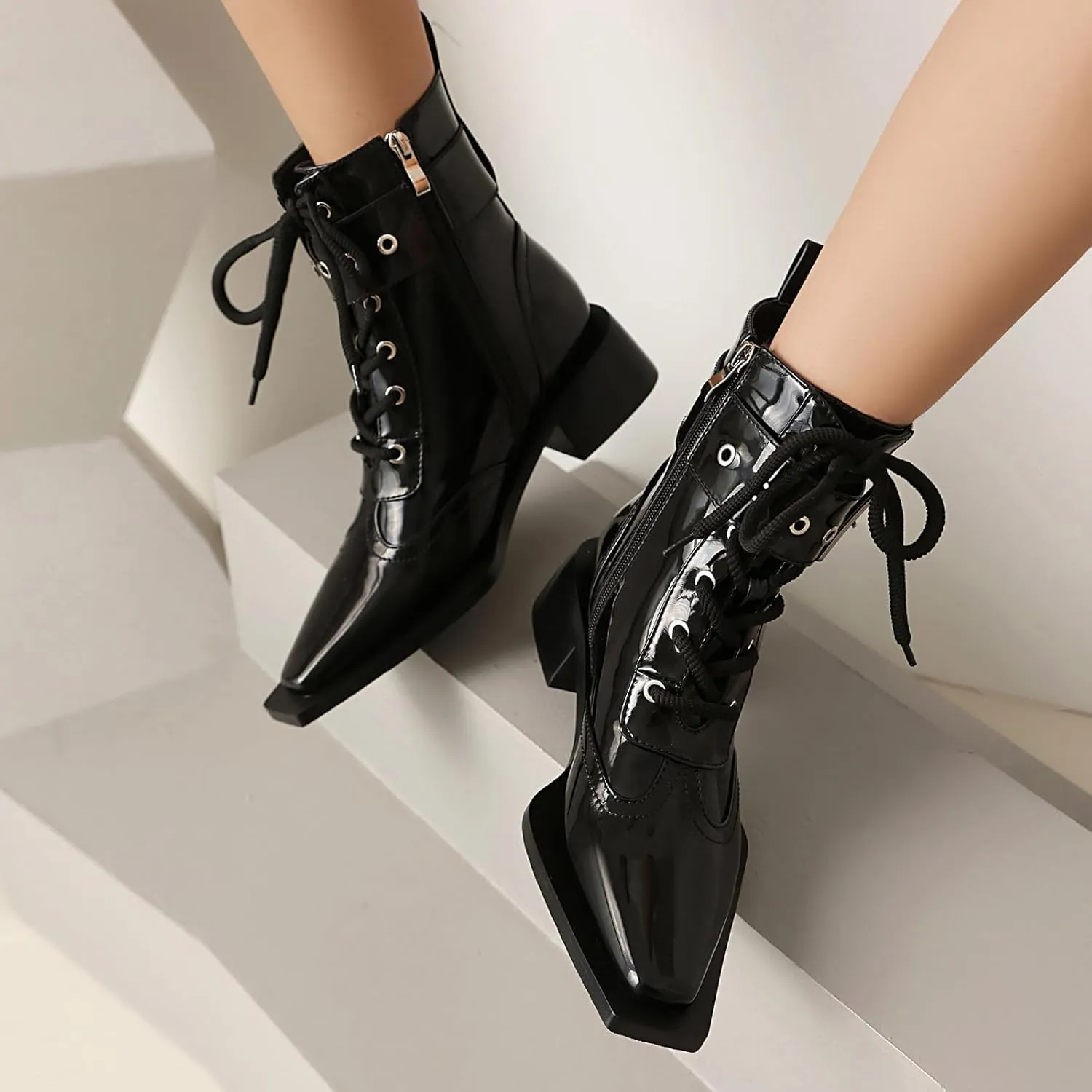 Women's Ankle Boots Square Toe Lace-up Black Buckle Boots Low Heel Side Zipper Short Bootie Casual Boots Dress comfy Boots.