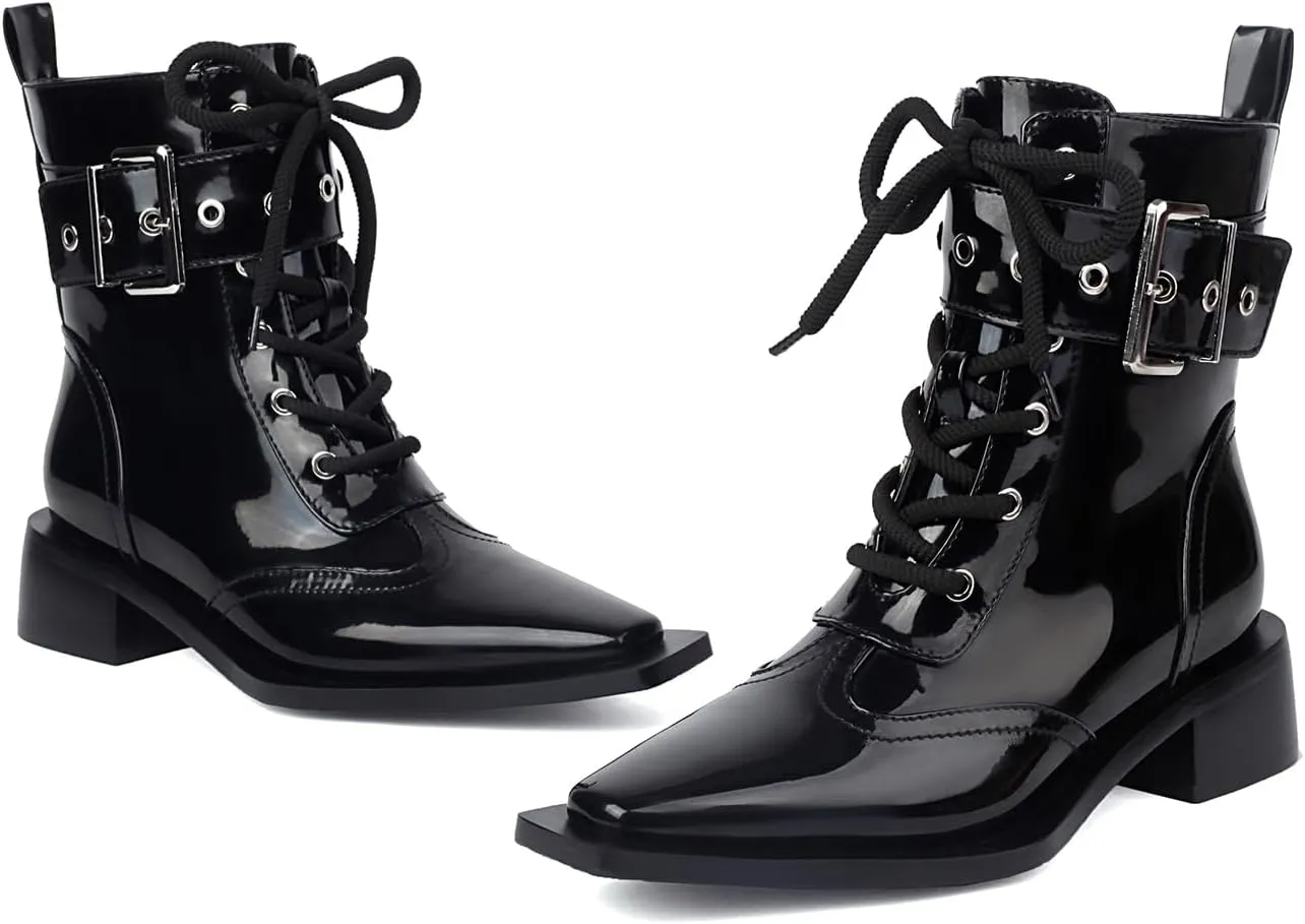 Women's Ankle Boots Square Toe Lace-up Black Buckle Boots Low Heel Side Zipper Short Bootie Casual Boots Dress comfy Boots.