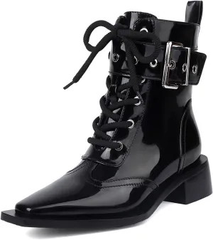Women's Ankle Boots Square Toe Lace-up Black Buckle Boots Low Heel Side Zipper Short Bootie Casual Boots Dress comfy Boots.