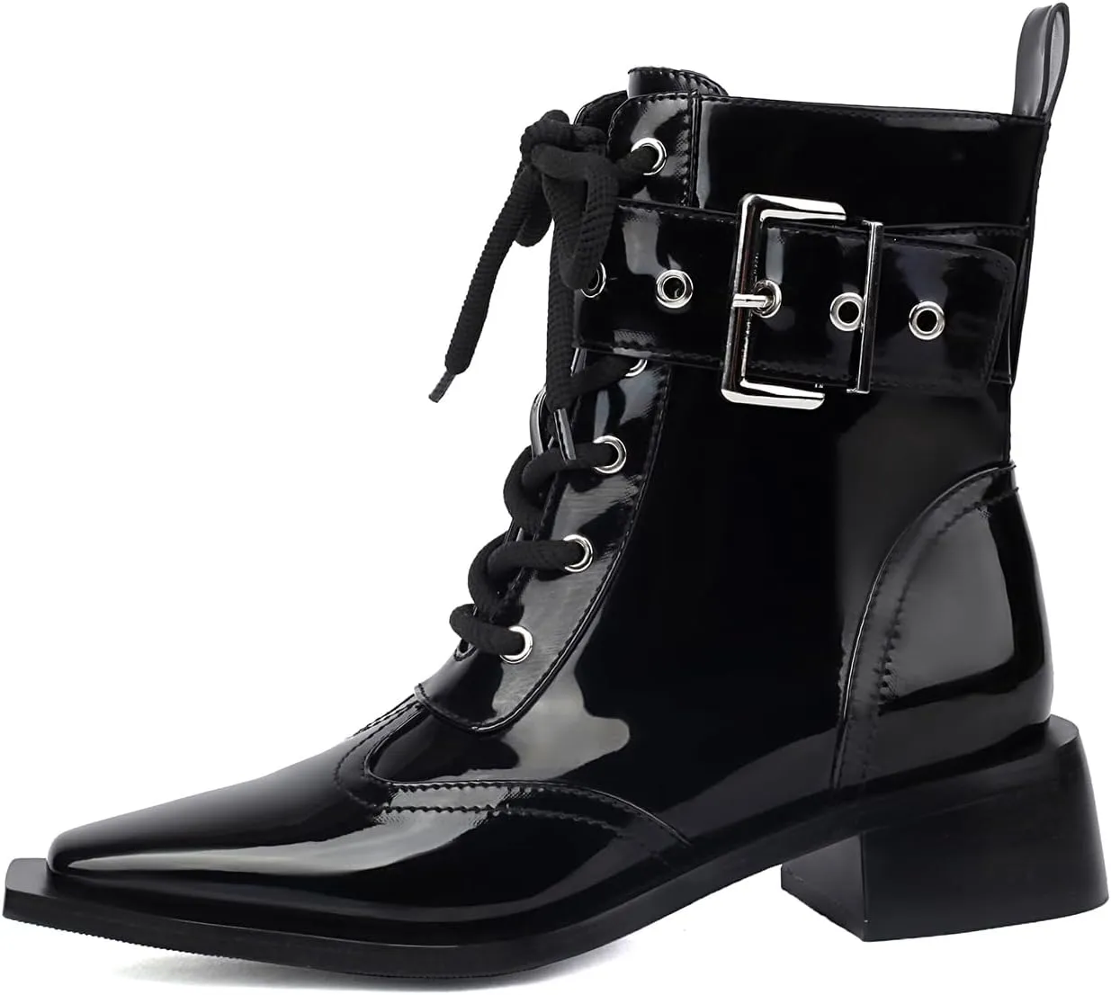 Women's Ankle Boots Square Toe Lace-up Black Buckle Boots Low Heel Side Zipper Short Bootie Casual Boots Dress comfy Boots.