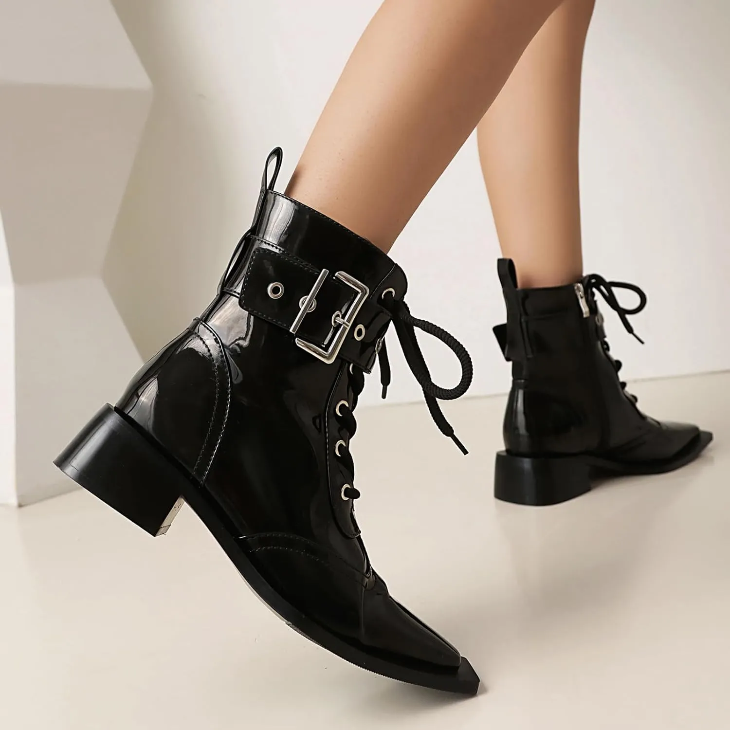 Women's Ankle Boots Square Toe Lace-up Black Buckle Boots Low Heel Side Zipper Short Bootie Casual Boots Dress comfy Boots.