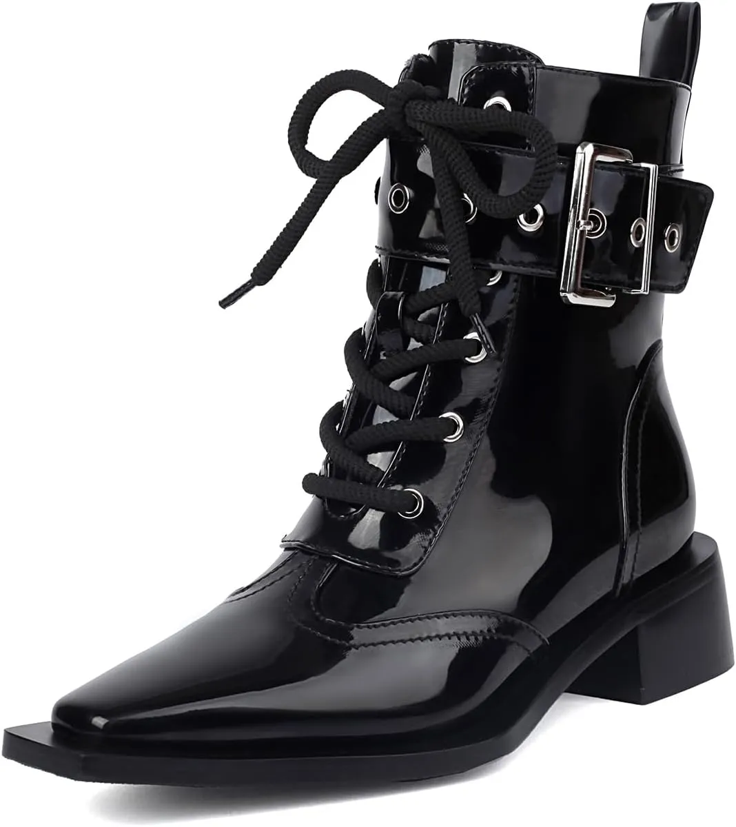 Women's Ankle Boots Square Toe Lace-up Black Buckle Boots Low Heel Side Zipper Short Bootie Casual Boots Dress comfy Boots.