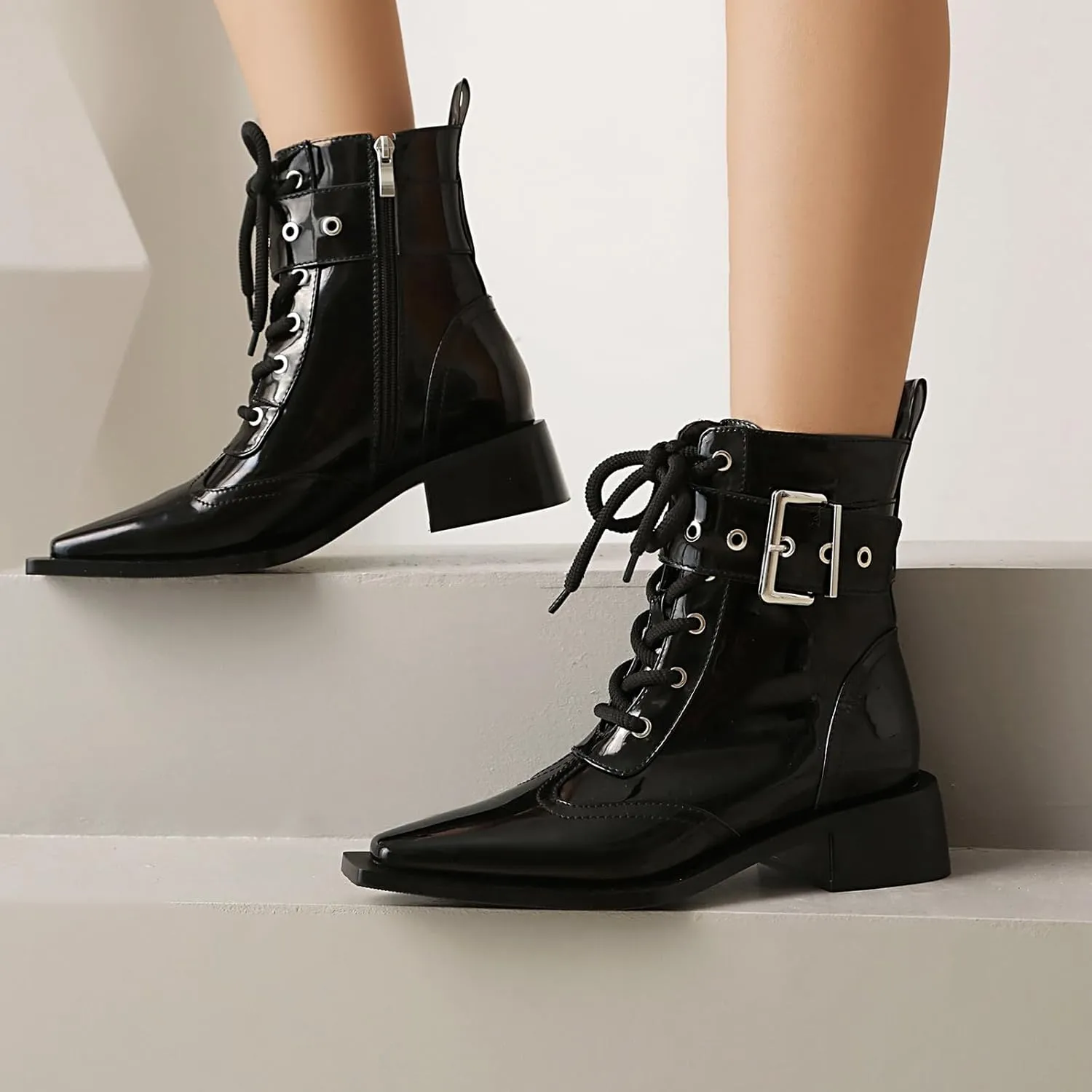 Women's Ankle Boots Square Toe Lace-up Black Buckle Boots Low Heel Side Zipper Short Bootie Casual Boots Dress comfy Boots.