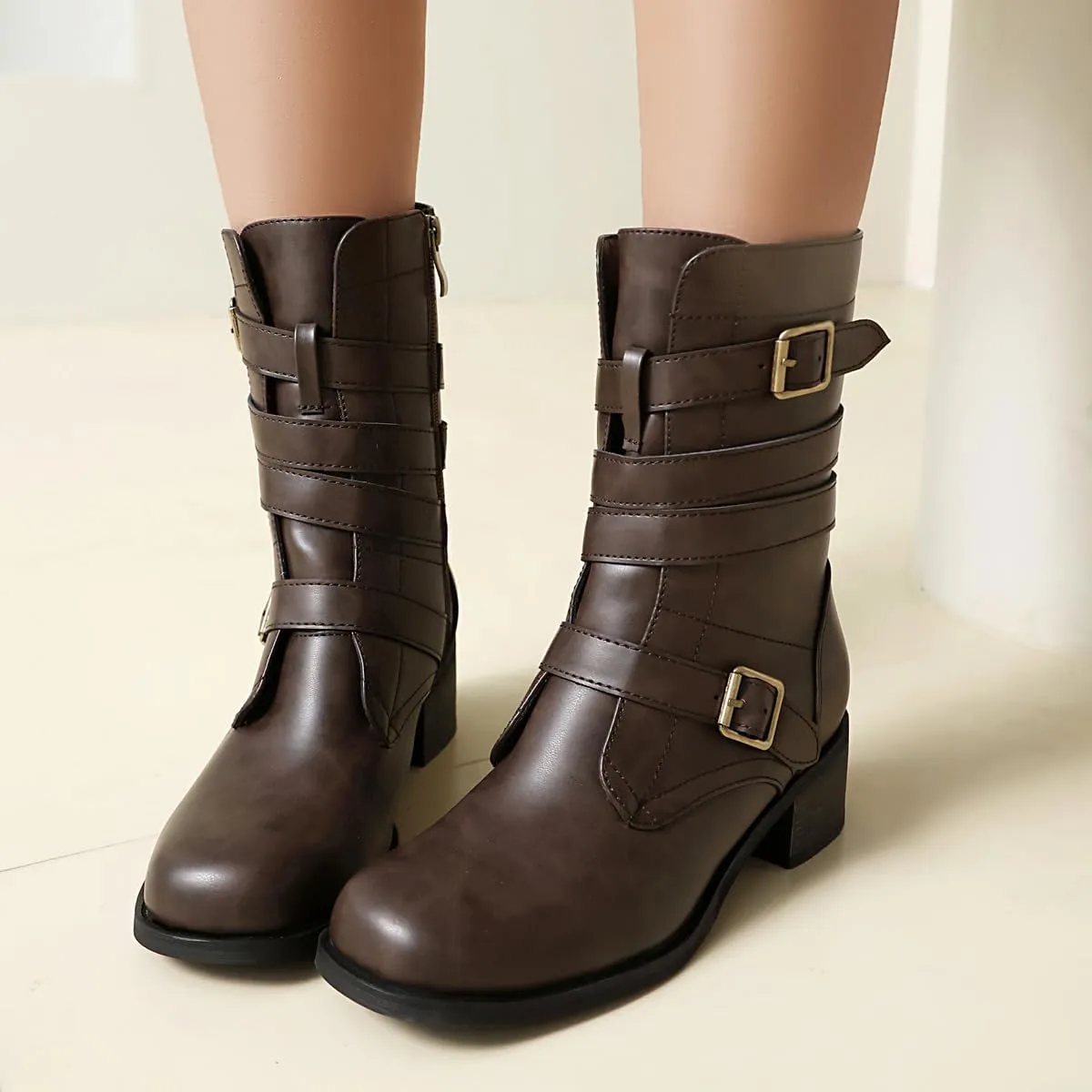 Women's Belt Buckle Mid Calf Boot,Retro Square Toe Chunky Heel Ankle High Shaft Boots,Women's Motorcycle Boots with Side Zipper Buckle Wrap Up Riding Boots.