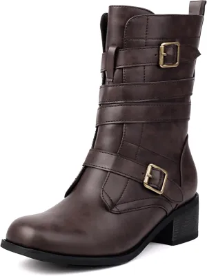Women's Belt Buckle Mid Calf Boot,Retro Square Toe Chunky Heel Ankle High Shaft Boots,Women's Motorcycle Boots with Side Zipper Buckle Wrap Up Riding Boots.