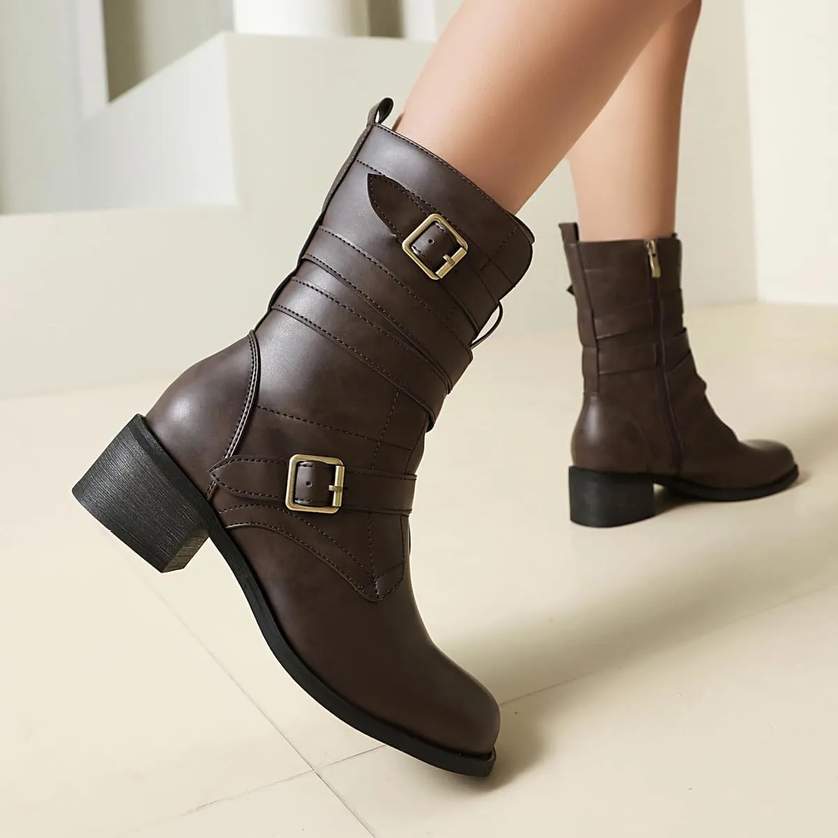 Women's Belt Buckle Mid Calf Boot,Retro Square Toe Chunky Heel Ankle High Shaft Boots,Women's Motorcycle Boots with Side Zipper Buckle Wrap Up Riding Boots.