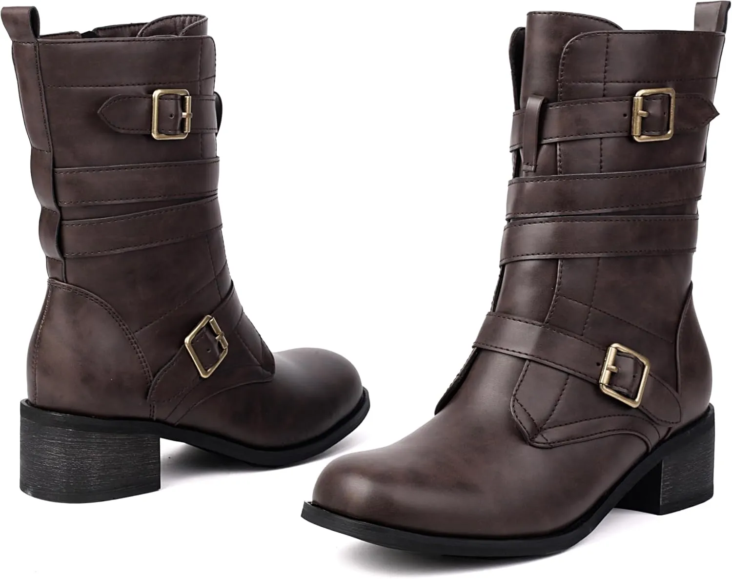 Women's Belt Buckle Mid Calf Boot,Retro Square Toe Chunky Heel Ankle High Shaft Boots,Women's Motorcycle Boots with Side Zipper Buckle Wrap Up Riding Boots.