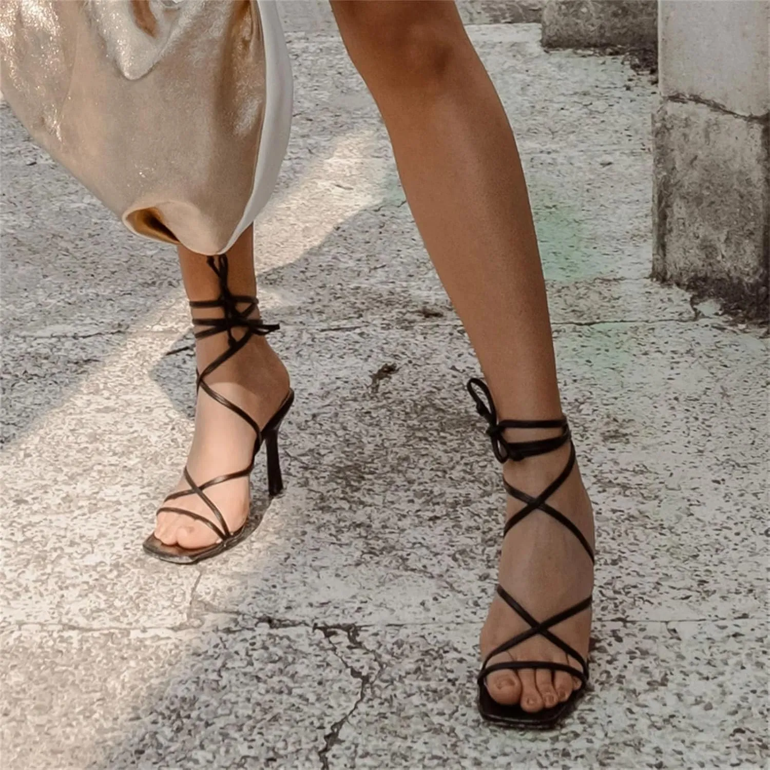 Women's Black Beige Strap Sandals - Square Toe Summer Stilettos