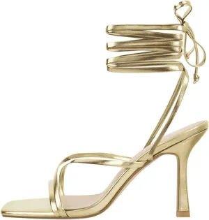 Women's Black Beige Strap Sandals - Square Toe Summer Stilettos