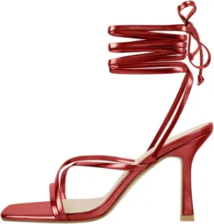 Women's Black Beige Strap Sandals - Square Toe Summer Stilettos