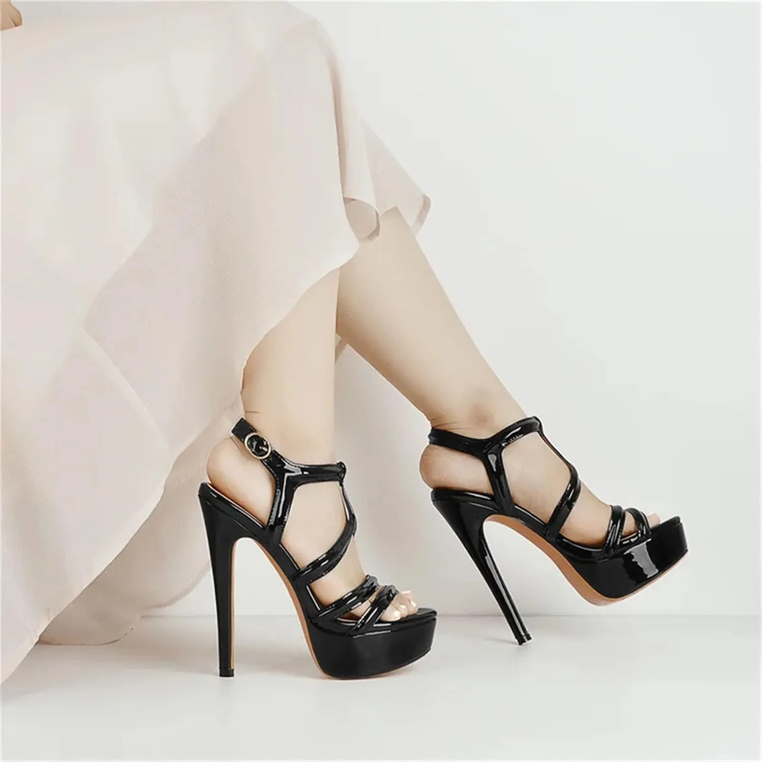 Women's Black Chunky Sandals - Peep-Toe Casual Party Platforms
