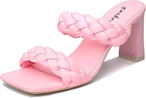 Women's Braided Heeled Sandals Fashion Square Toe Heels Block Chunky Heel Mules Slip On Dress Sexy Backless Summer High Heels Slipper