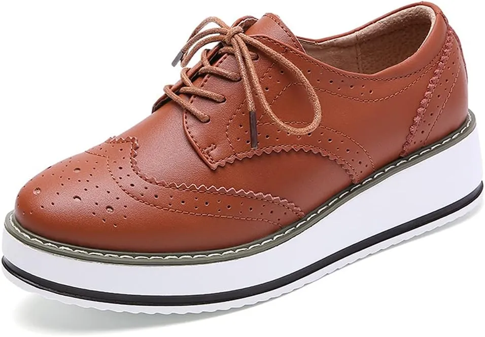 Women's Casual Platform Oxford Lace-Up Perforated Stacked Pumps Flats Loafers Brogues Dress Shoes