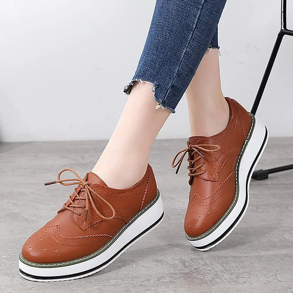 Women's Casual Platform Oxford Lace-Up Perforated Stacked Pumps Flats Loafers Brogues Dress Shoes