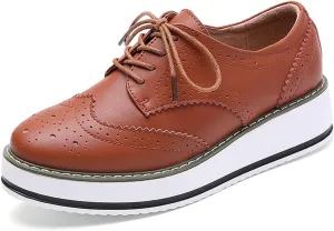 Women's Casual Platform Oxford Lace-Up Perforated Stacked Pumps Flats Loafers Brogues Dress Shoes