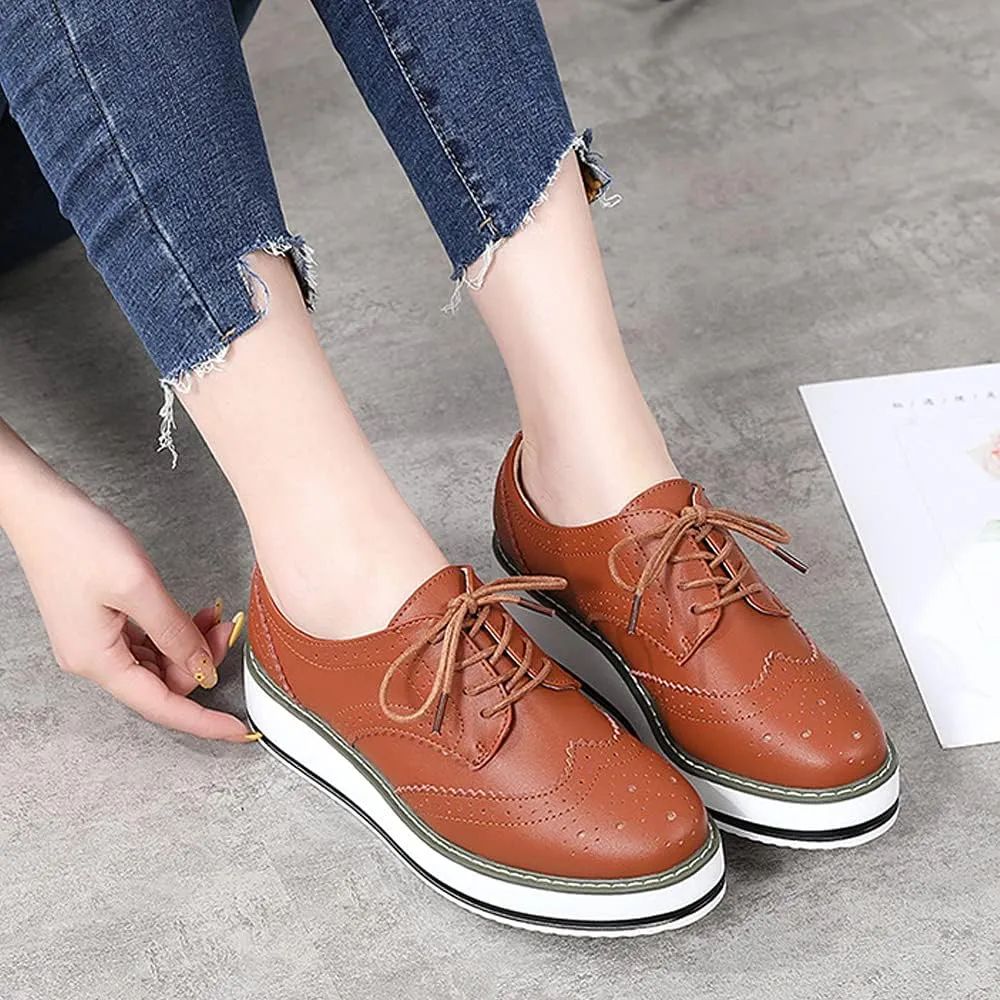 Women's Casual Platform Oxford Lace-Up Perforated Stacked Pumps Flats Loafers Brogues Dress Shoes