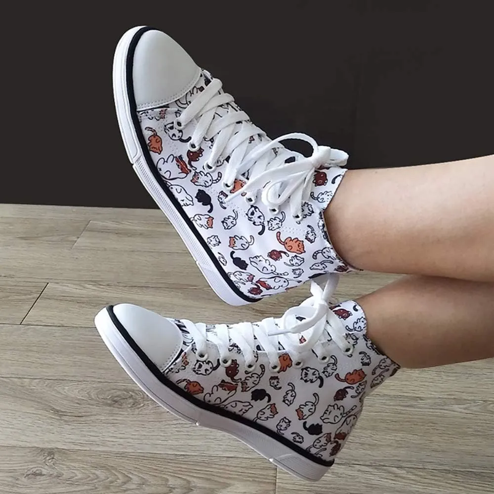 Women's Cat Printed Shoes Kitty Shoe Casual Business Work High Top Canvas Sneakers Funny Cute Shoes for Ladies