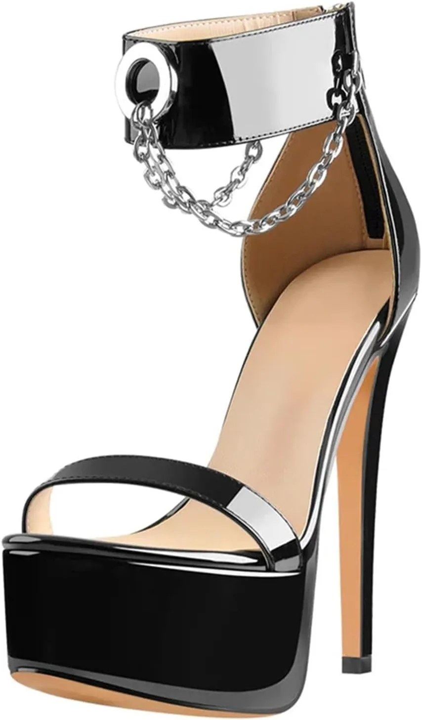 Women's Chain Zipper Sandals - Platform Stiletto Party Dress Pumps