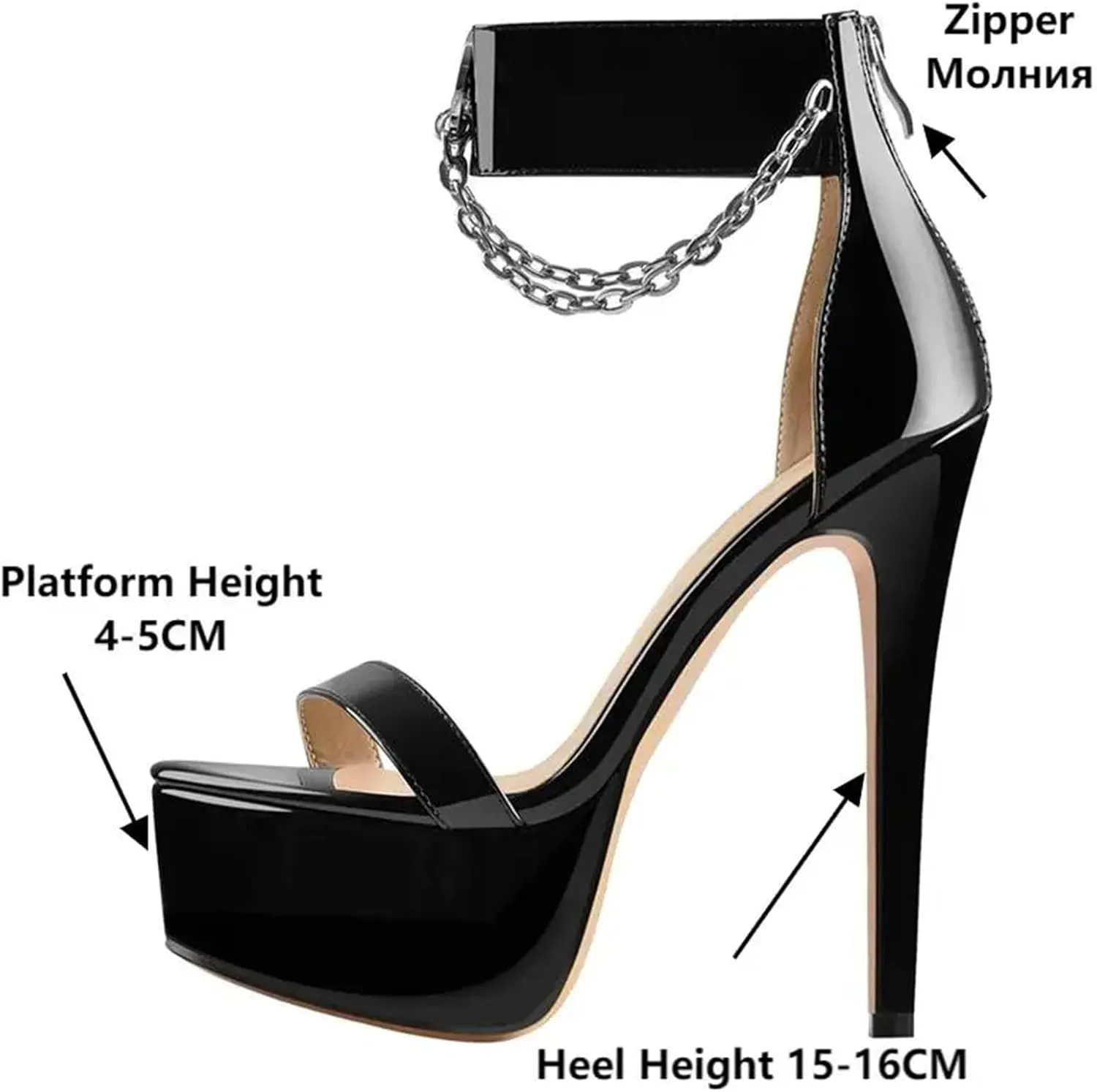 Women's Chain Zipper Sandals - Platform Stiletto Party Dress Pumps