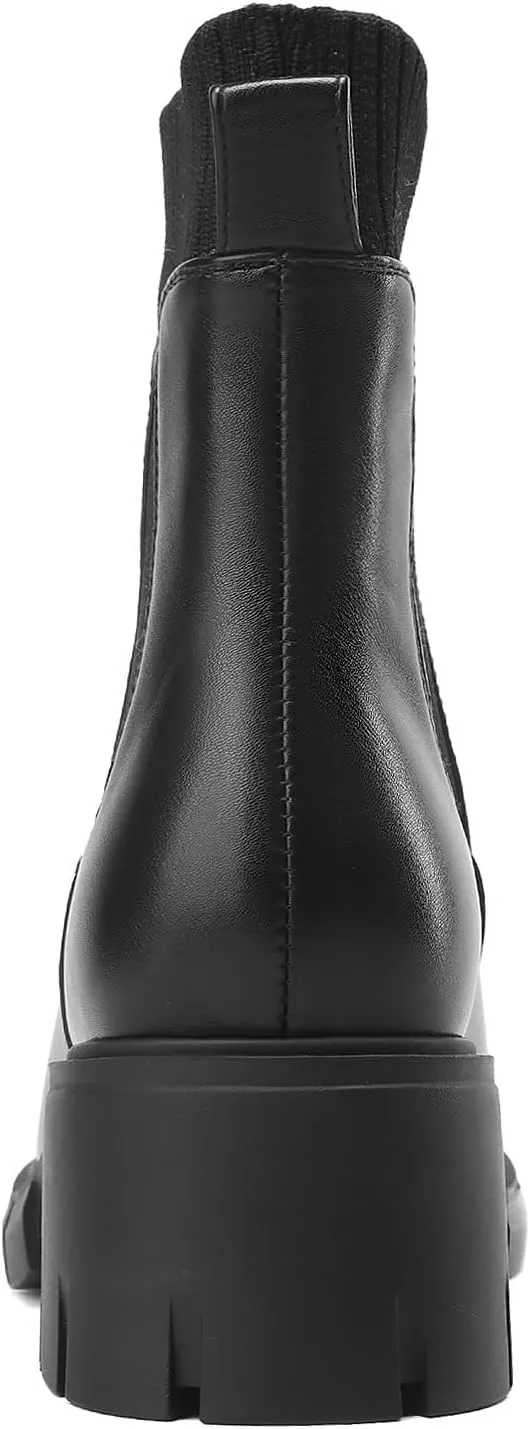 Women's Chelsea Boots, Elasticated Platform Ankle Boots with Block Heel Lug Sole Winter Bootie for Outdoor Home Dates