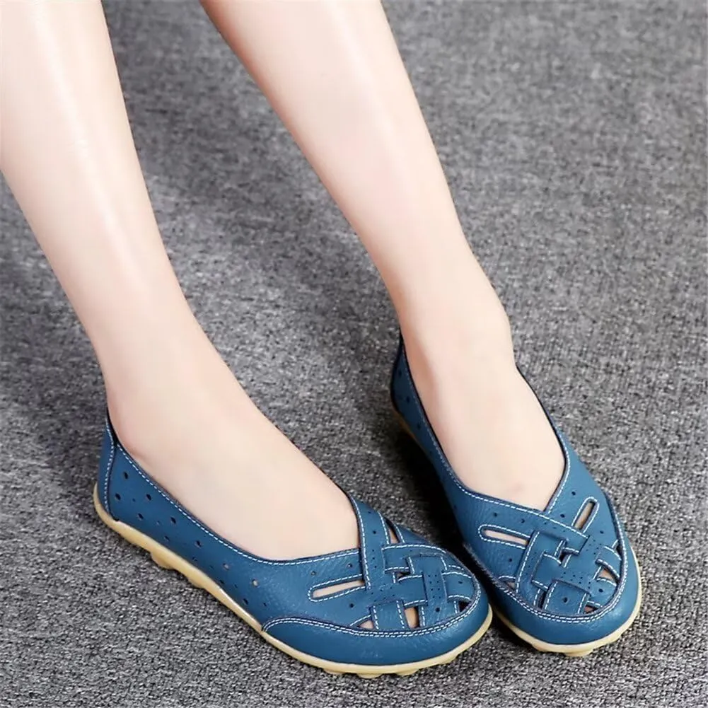 Women's Cowhide Leather Shoes Loafers Flats Sandals Slip-On Cutout