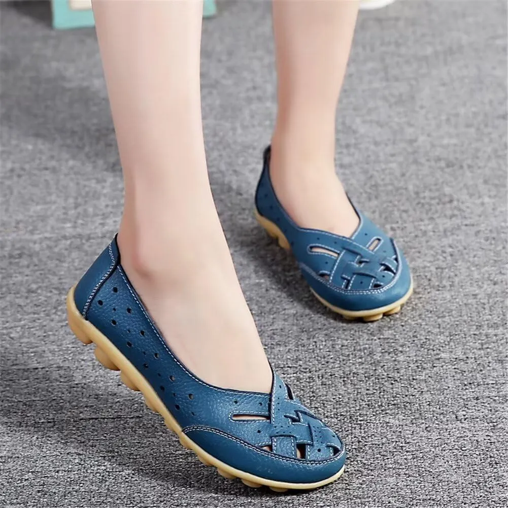 Women's Cowhide Leather Shoes Loafers Flats Sandals Slip-On Cutout
