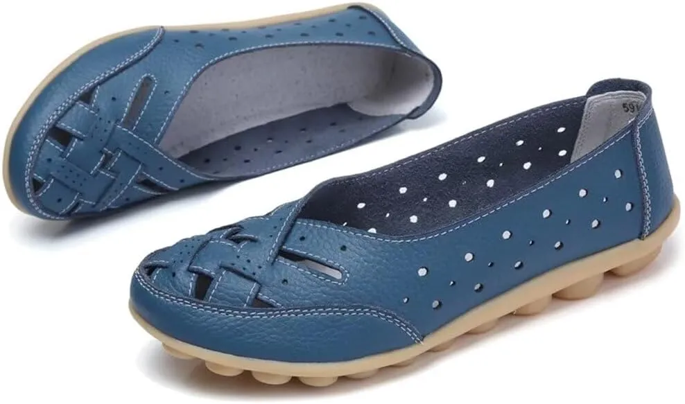Women's Cowhide Leather Shoes Loafers Flats Sandals Slip-On Cutout