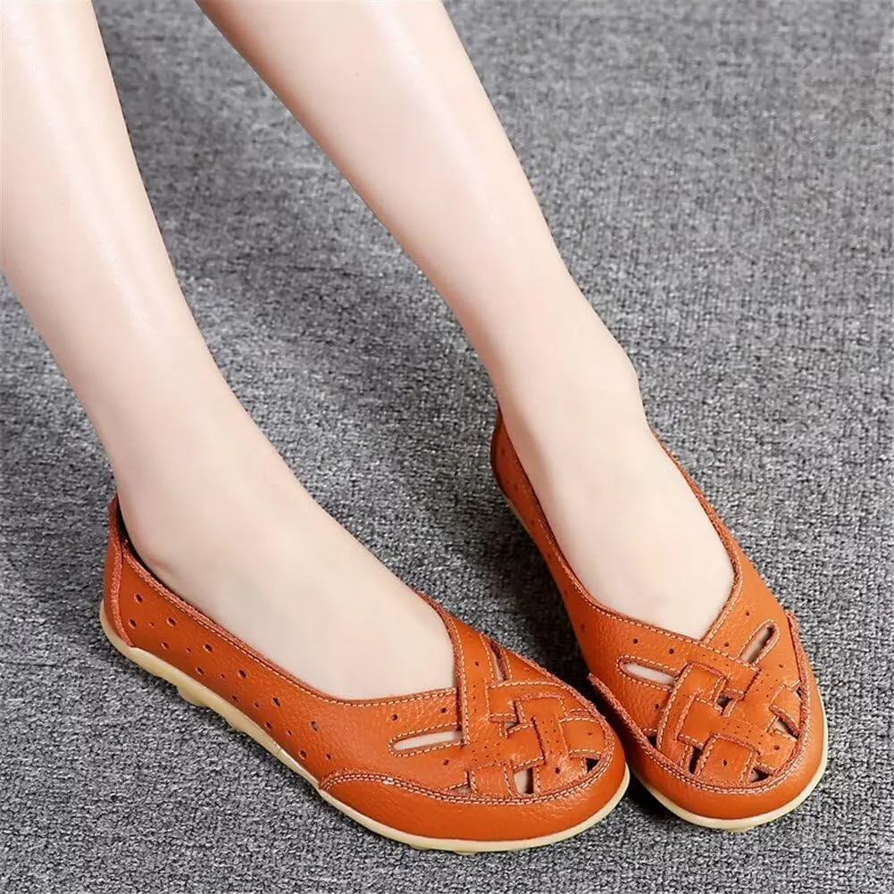 Women's Cowhide Leather Shoes Loafers Flats Sandals Slip-On Cutout