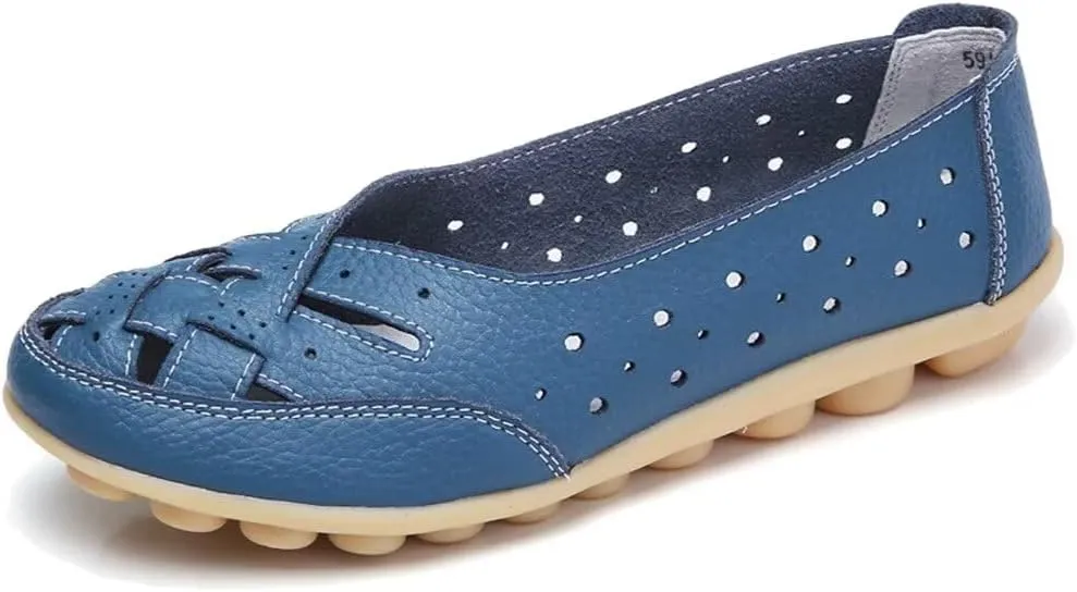 Women's Cowhide Leather Shoes Loafers Flats Sandals Slip-On Cutout
