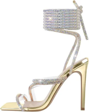 Women's Crystal Lace-Up Sandals - Multicolor Square Toe Stilettos