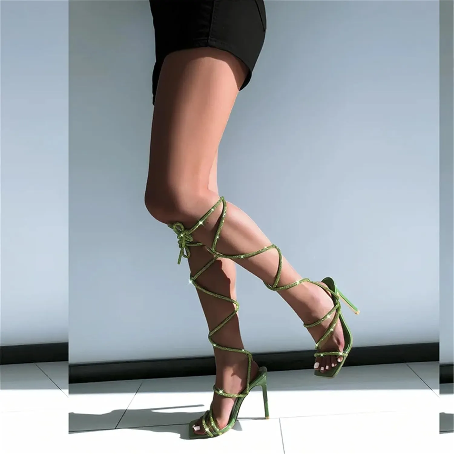 Women's Crystal Lace-Up Sandals - Multicolor Square Toe Stilettos