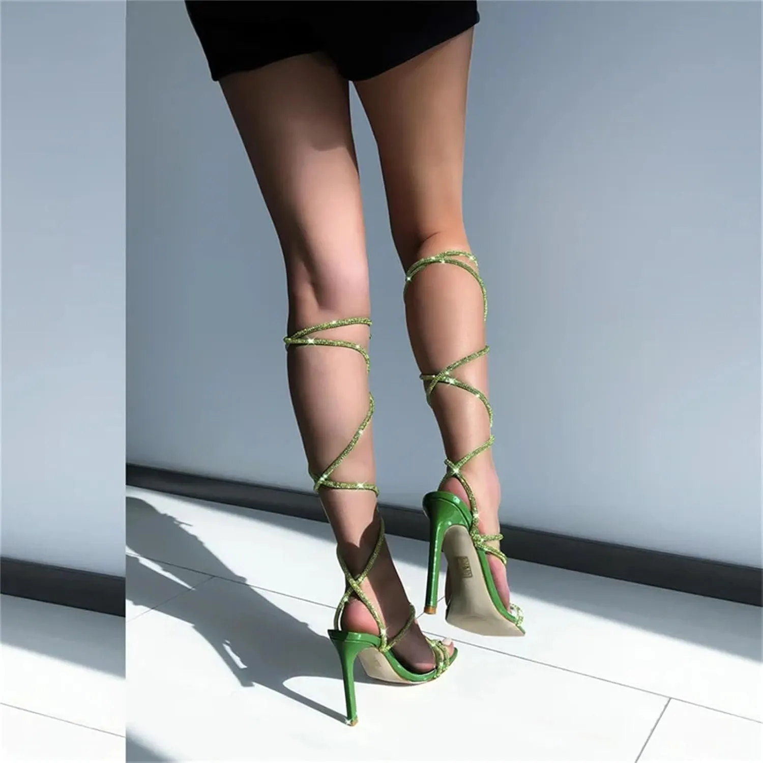 Women's Crystal Lace-Up Sandals - Multicolor Square Toe Stilettos