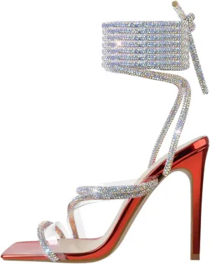 Women's Crystal Lace-Up Sandals - Multicolor Square Toe Stilettos