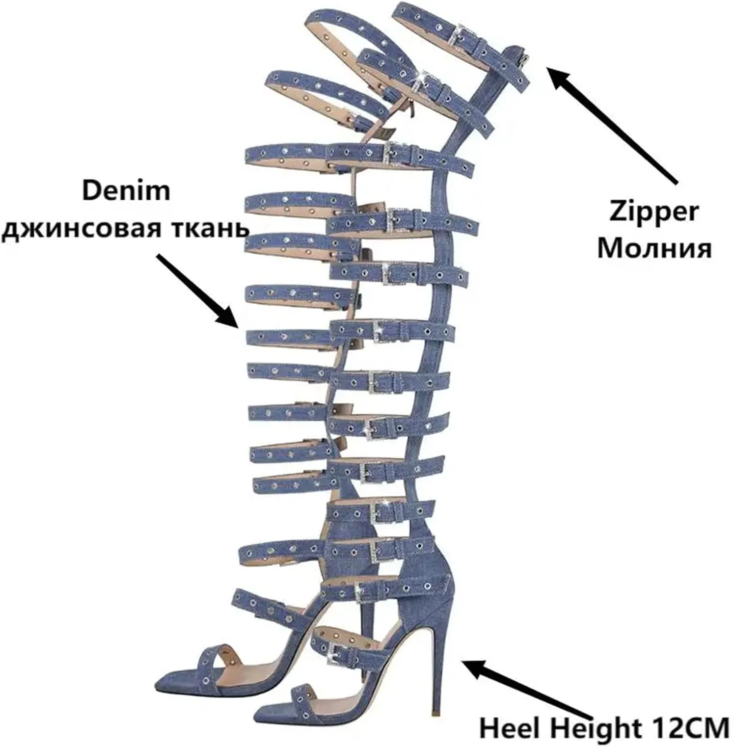 Women's Denim Hollow Buckle Stiletto Boots - Thigh High Fashion Sandals