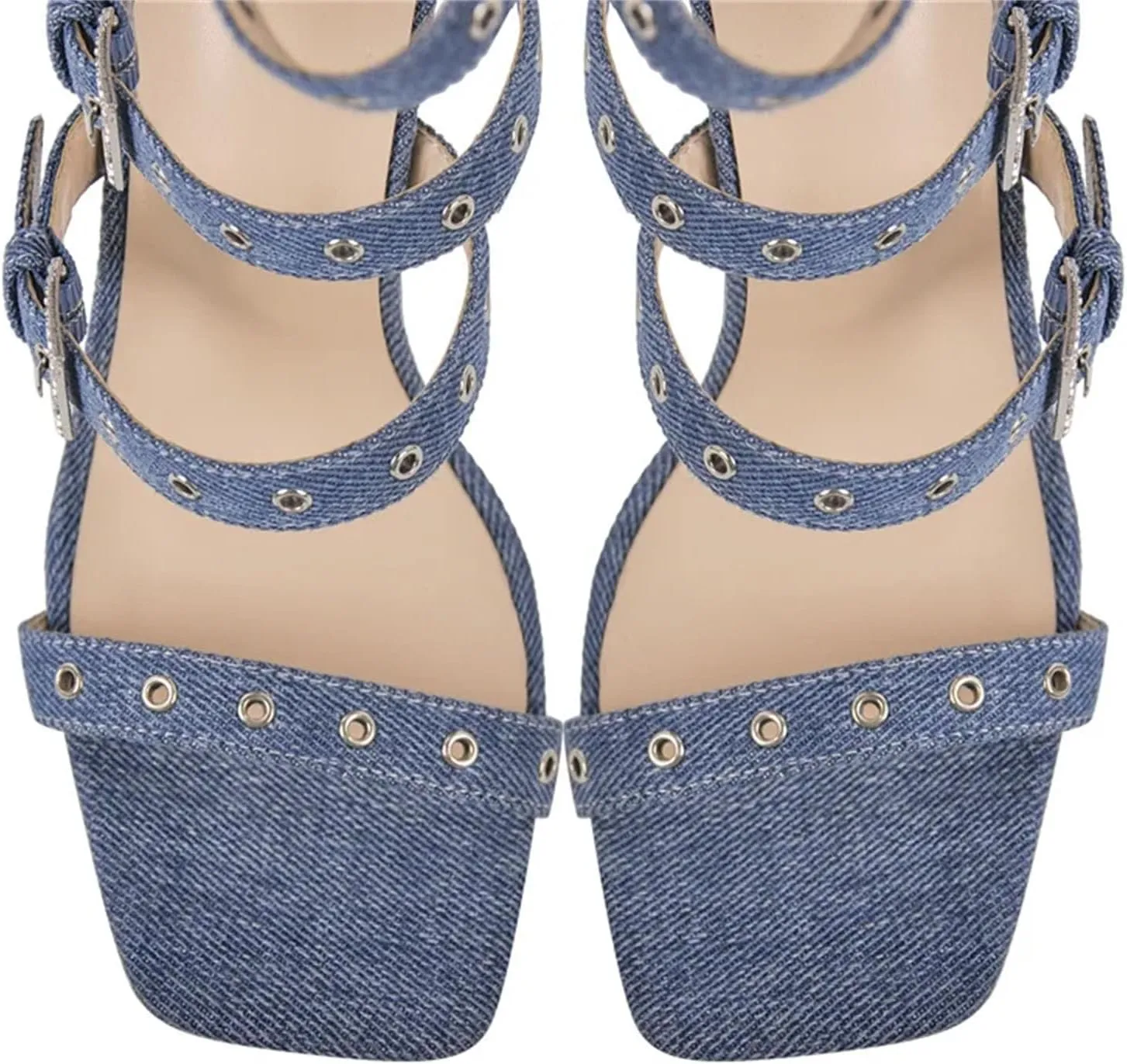 Women's Denim Hollow Buckle Stiletto Boots - Thigh High Fashion Sandals