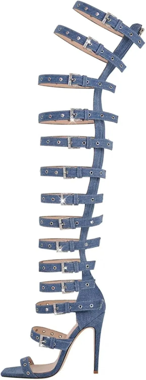 Women's Denim Hollow Buckle Stiletto Boots - Thigh High Fashion Sandals