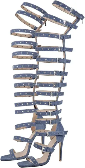 Women's Denim Hollow Buckle Stiletto Boots - Thigh High Fashion Sandals