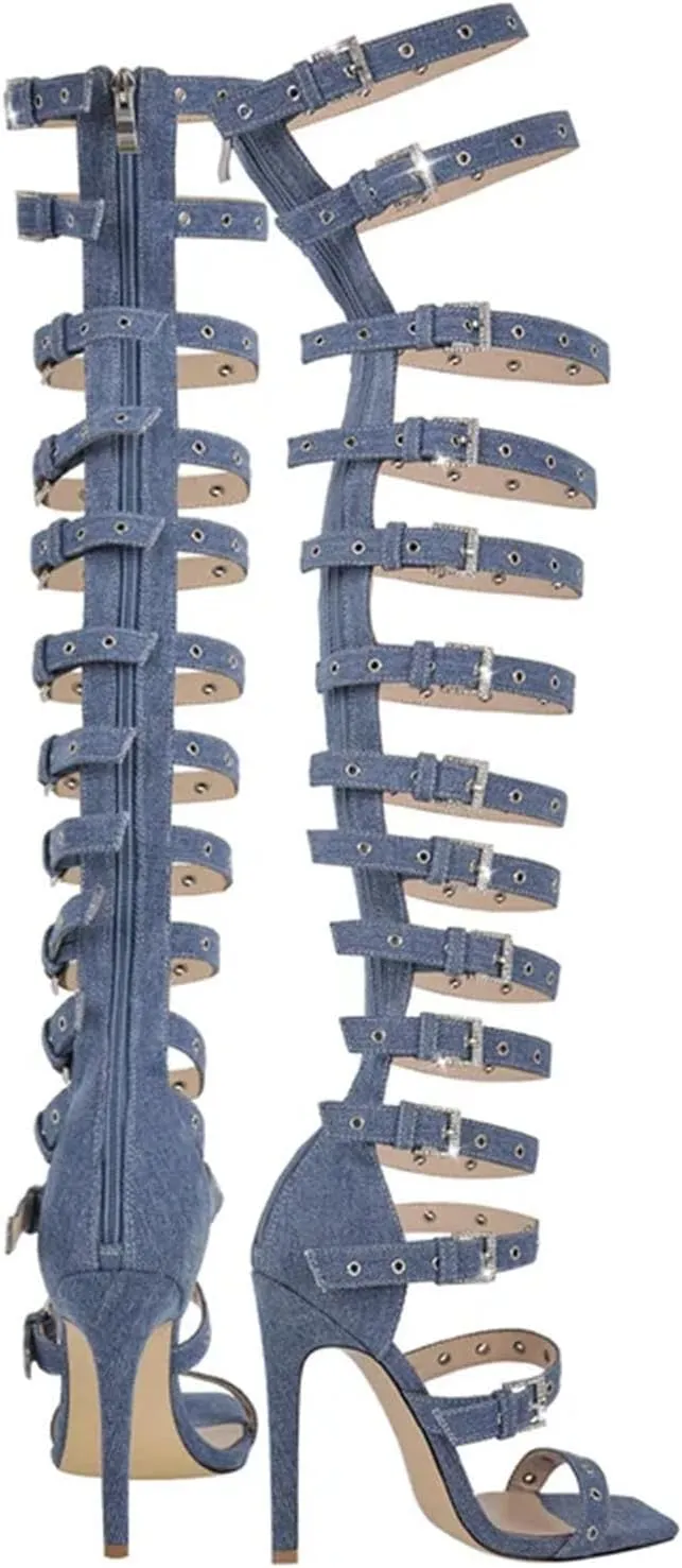 Women's Denim Hollow Buckle Stiletto Boots - Thigh High Fashion Sandals