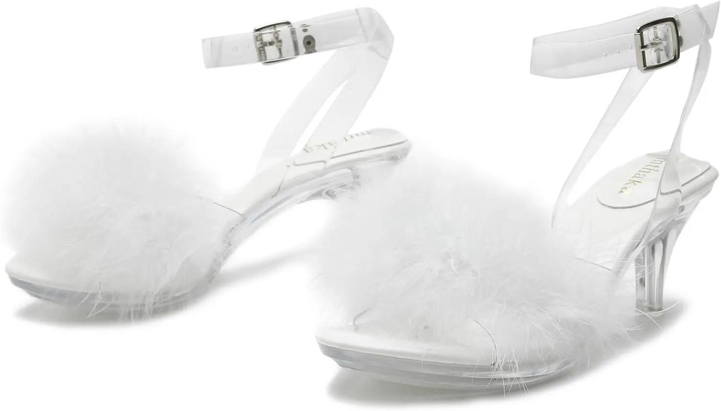 Women's Fuzzy Clear Heels Ankle Strap Stiletto Sandals Fluffy Feather Slip On High Heeled Party Prom Dresses Shoes