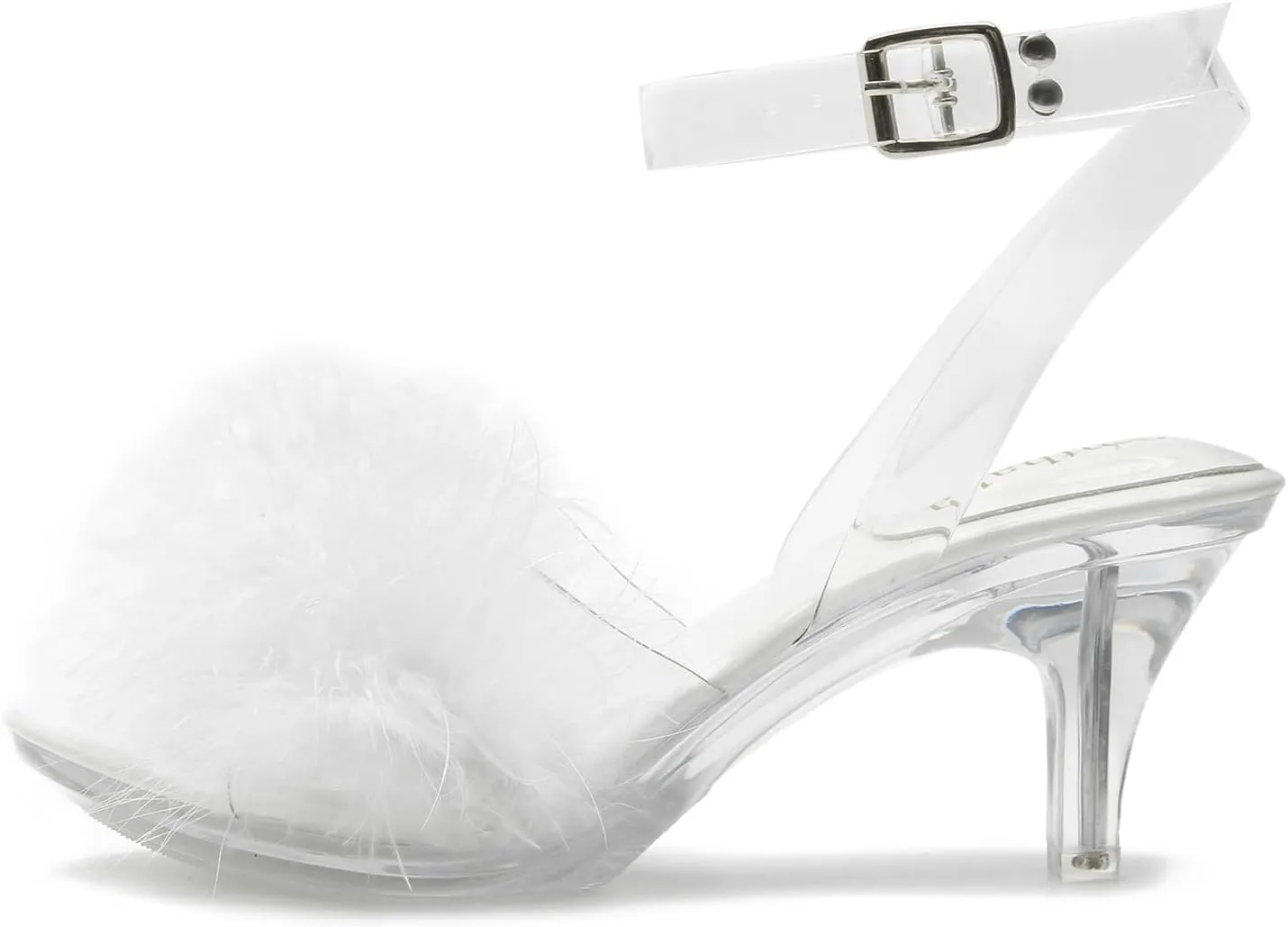 Women's Fuzzy Clear Heels Ankle Strap Stiletto Sandals Fluffy Feather Slip On High Heeled Party Prom Dresses Shoes