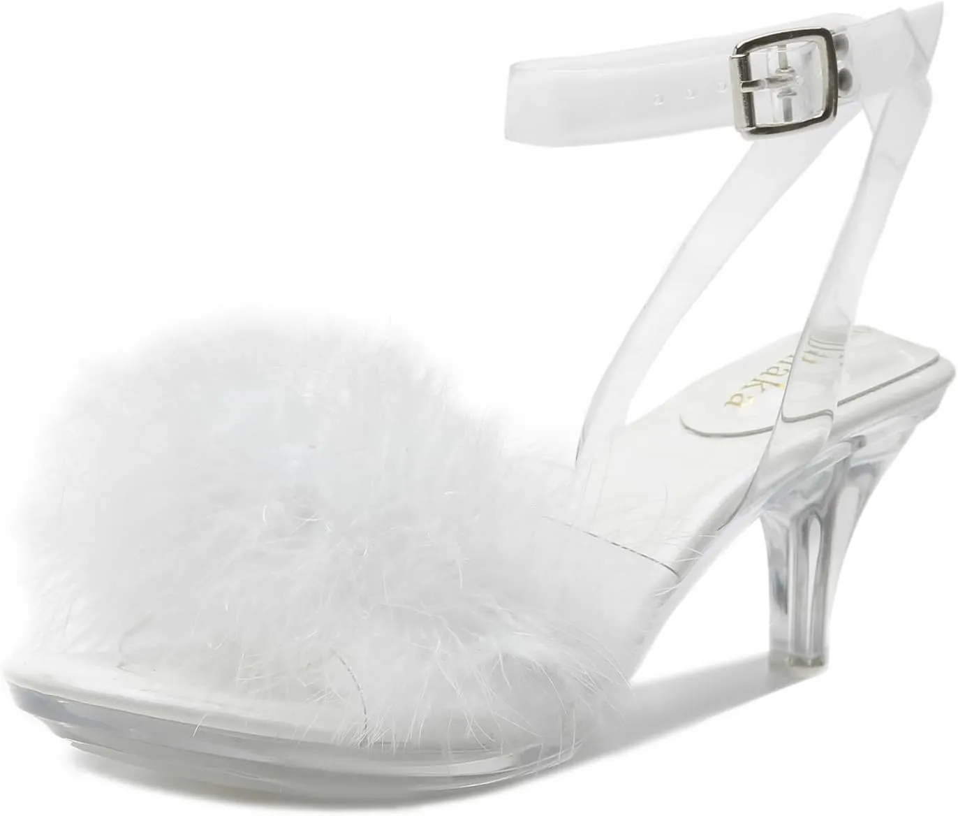 Women's Fuzzy Clear Heels Ankle Strap Stiletto Sandals Fluffy Feather Slip On High Heeled Party Prom Dresses Shoes