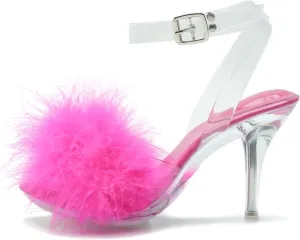 Women's Fuzzy Clear Heels Ankle StrapStilettos Heels Mules Sandals Fluffy Feather Slip On High Heeled Party Prom Dresses Shoes