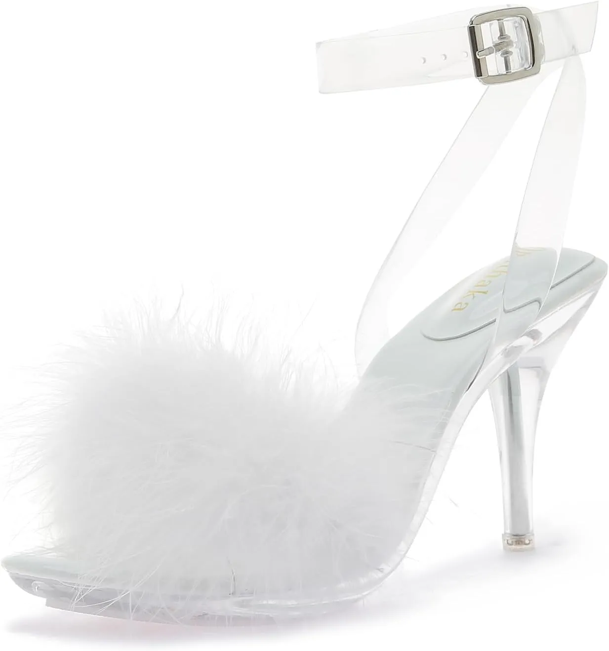 Women's Fuzzy Clear Heels Ankle StrapStilettos Heels Mules Sandals Fluffy Feather Slip On High Heeled Party Prom Dresses Shoes