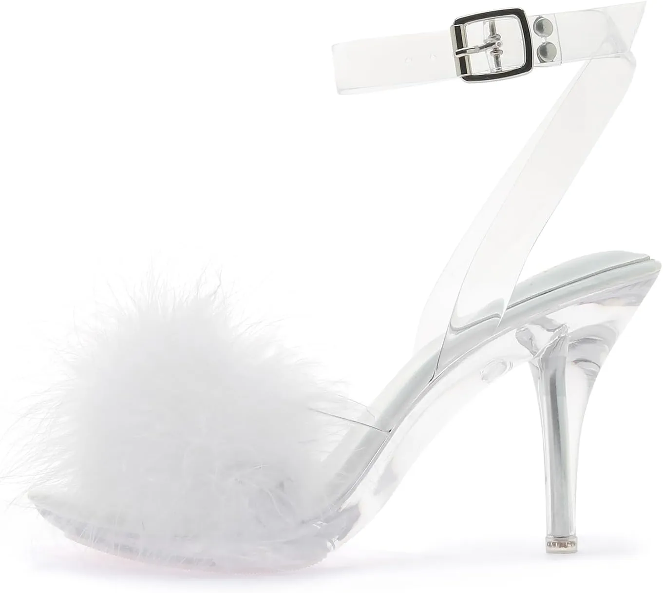 Women's Fuzzy Clear Heels Ankle StrapStilettos Heels Mules Sandals Fluffy Feather Slip On High Heeled Party Prom Dresses Shoes