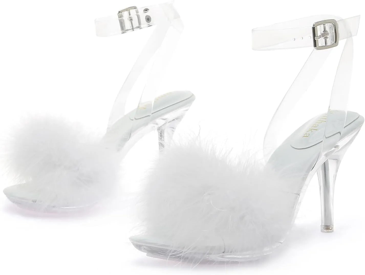 Women's Fuzzy Clear Heels Ankle StrapStilettos Heels Mules Sandals Fluffy Feather Slip On High Heeled Party Prom Dresses Shoes