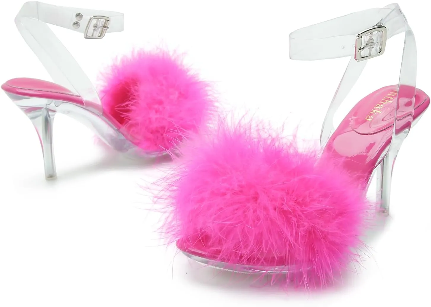 Women's Fuzzy Clear Heels Ankle StrapStilettos Heels Mules Sandals Fluffy Feather Slip On High Heeled Party Prom Dresses Shoes