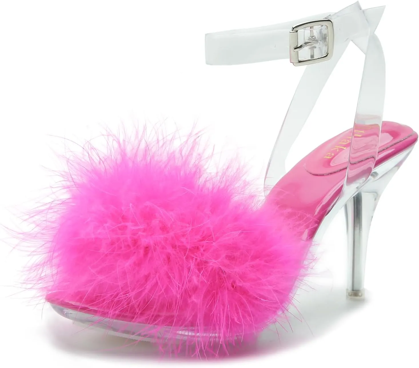 Women's Fuzzy Clear Heels Ankle StrapStilettos Heels Mules Sandals Fluffy Feather Slip On High Heeled Party Prom Dresses Shoes