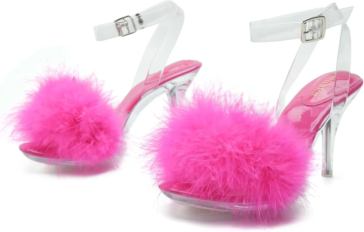 Women's Fuzzy Clear Heels Ankle StrapStilettos Heels Mules Sandals Fluffy Feather Slip On High Heeled Party Prom Dresses Shoes