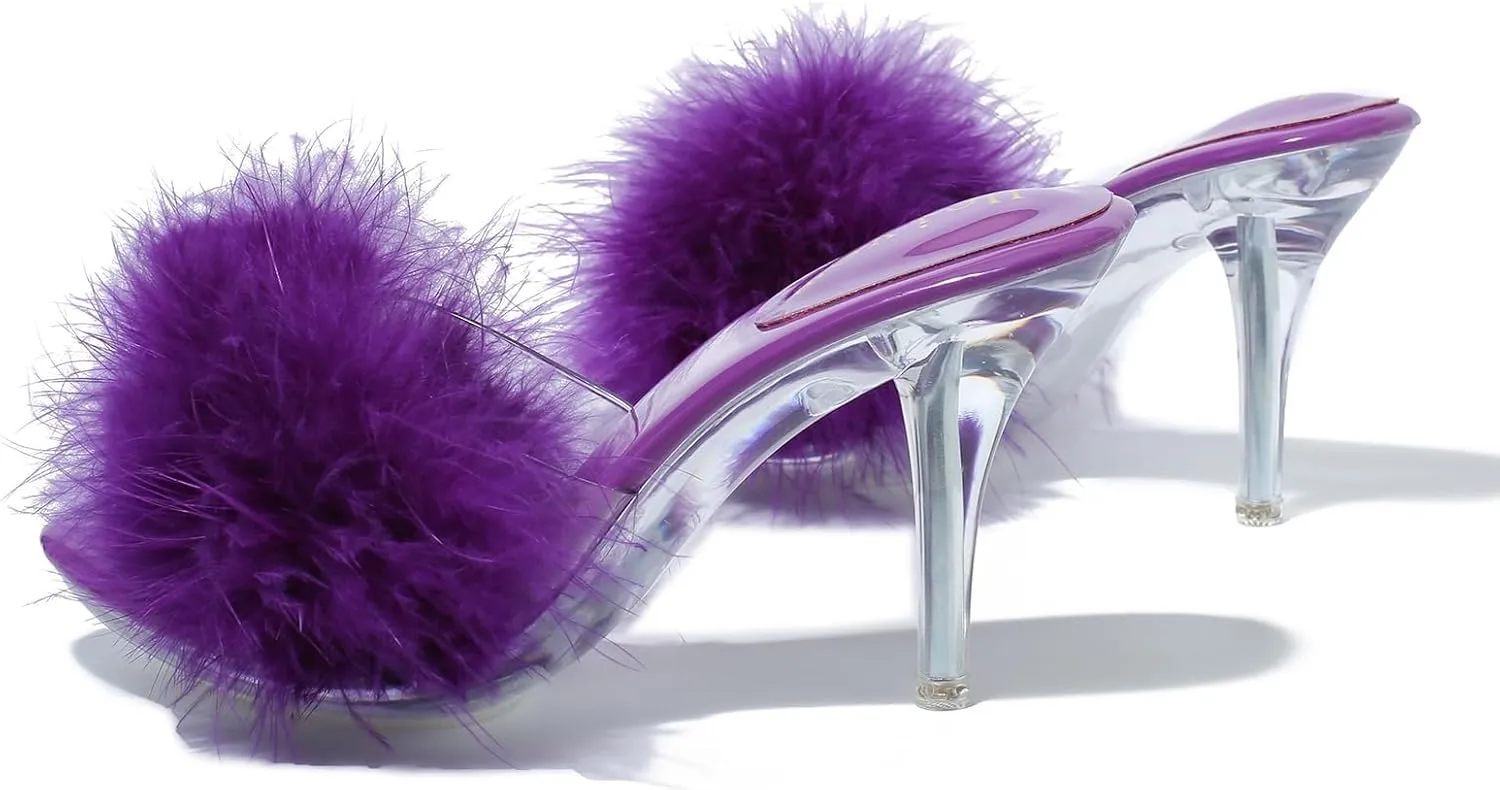 Women's Fuzzy Slippers Clear Heels Pointed Toe Stilettos Heels Mules Sandals Fluffy Feather Slip On High Heeled Party Prom Dresses Shoes